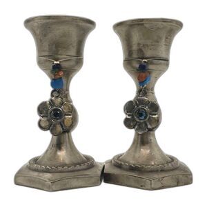 Silver Tone Brass Candlesticks Holders W/ Beads & Flower Charm Appx 3